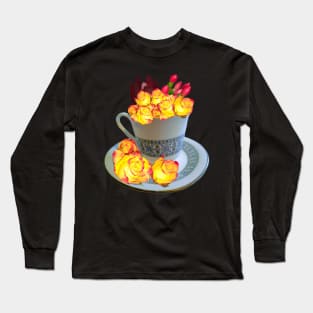 Flowers Neon roses dark - floral bouquet in fine china tea cup with saucer,  yellow roses with red tips Long Sleeve T-Shirt